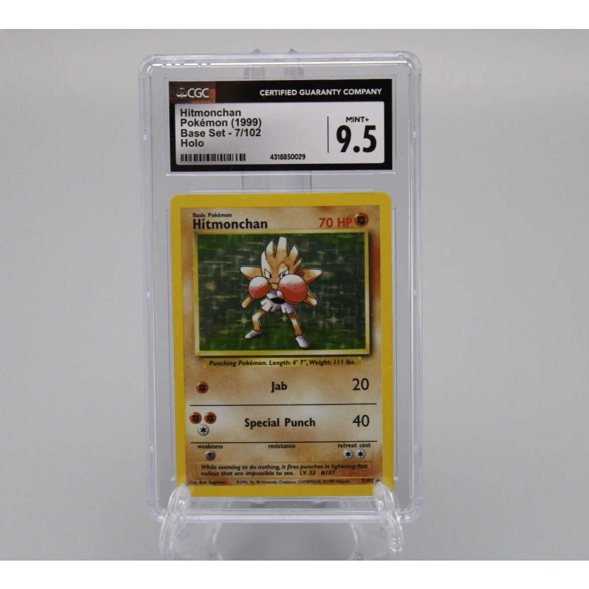 Pokemon TCG Hitmonchan Base Set Holo Card 7/102 CGC Graded 9.5 MINT+ 1999