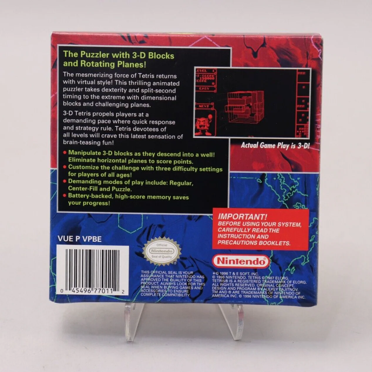 3D Tetris Nintendo Virtual Boy VB 1996 EX/NM CIB Complete in Box w/Manual - Image 2