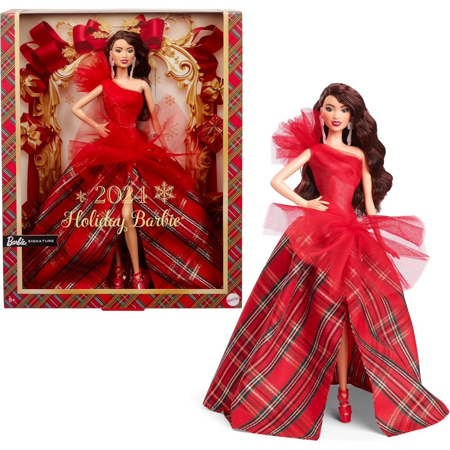 2024 Holiday Barbie Doll (Asian with Brown Hair, Plaid Dress) - Mattel - Barbie Signature Series