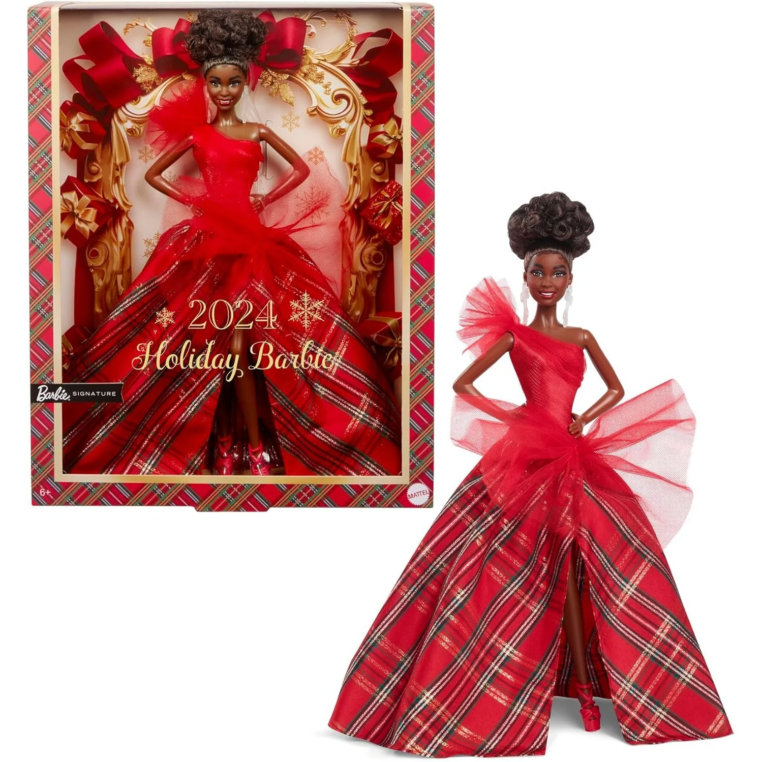 2024 Holiday Barbie Doll (Black with Brown Hair, Plaid Dress) - Mattel - Barbie Signature Series