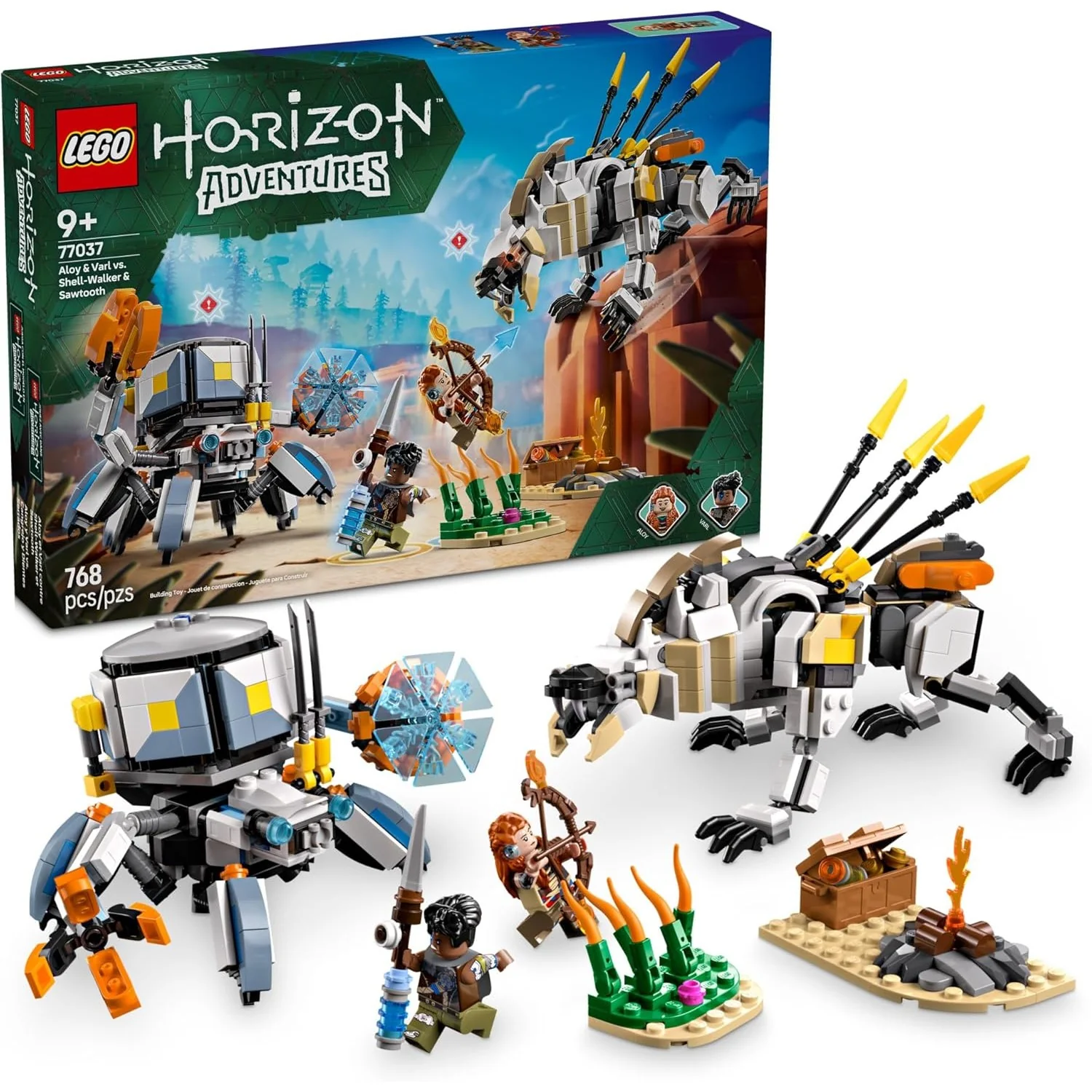 Horizon Adventures Aloy & Varl vs. Shell-Walker & Sawtooth - Buiding Toy, 768 Pcs, Ages 9+ - LEGO #77037