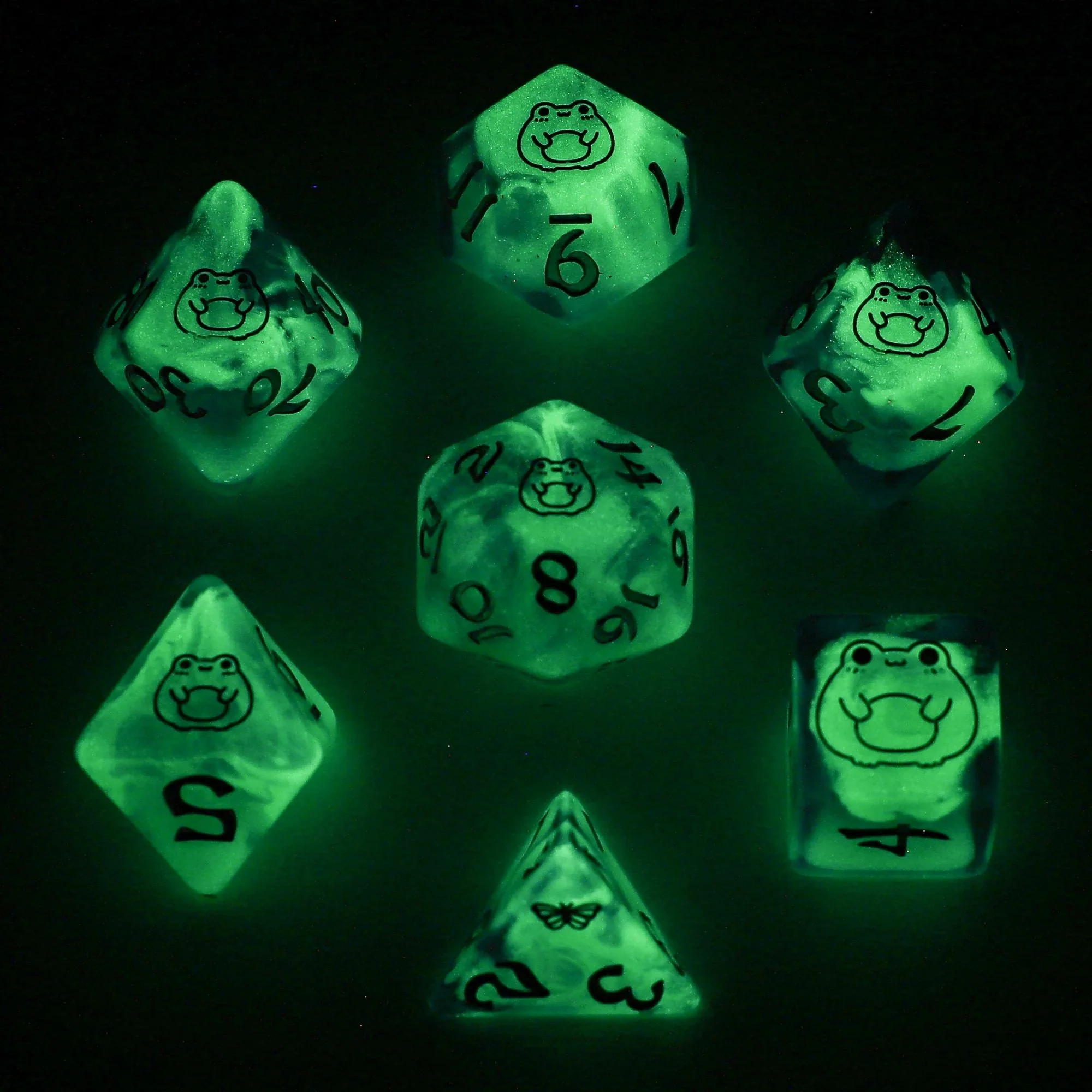 Wyrmforged Rollers Bog Frog Silver Glow in the Dark Dice Set - 7-Piece Rounded Resin Polyhedral - Hyngho Dice - Image 2