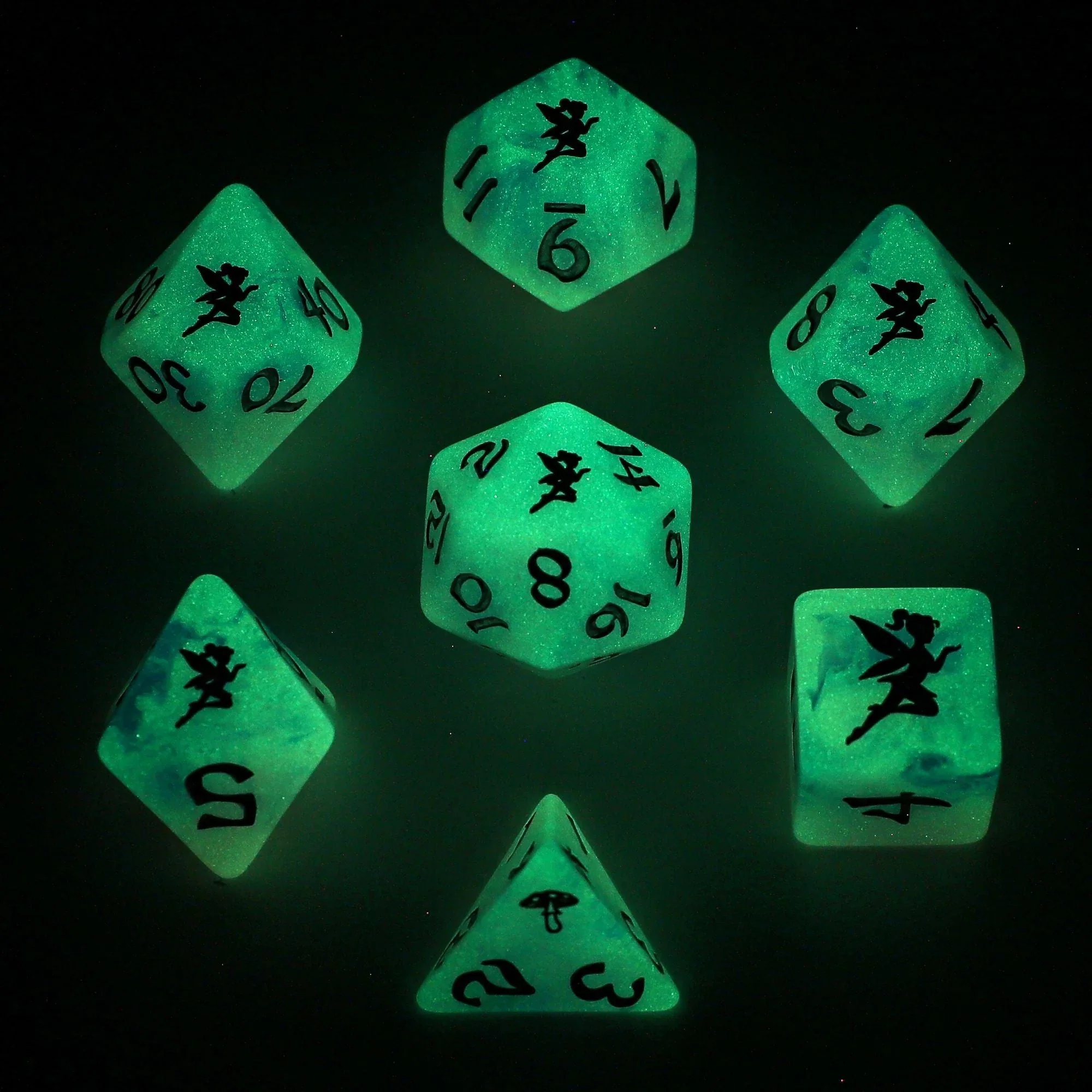 Wyrmforged Rollers Pixie Dust Silver Glow in the Dark Dice Set - 7-Piece Rounded Resin Polyhedral - Hyngho Dice - Image 2