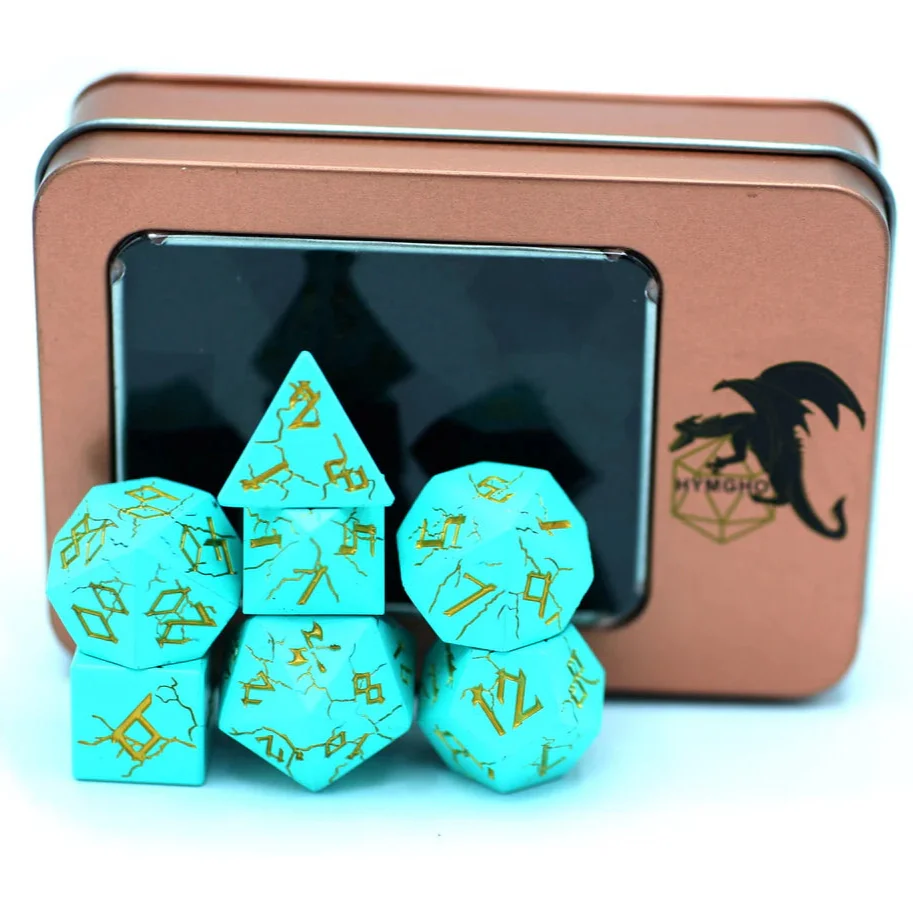 Barbarian Solid Metal Polyhedral Dice Set - 7-Piece, Turquoise & Gold - Hymgho Dice - Image 2